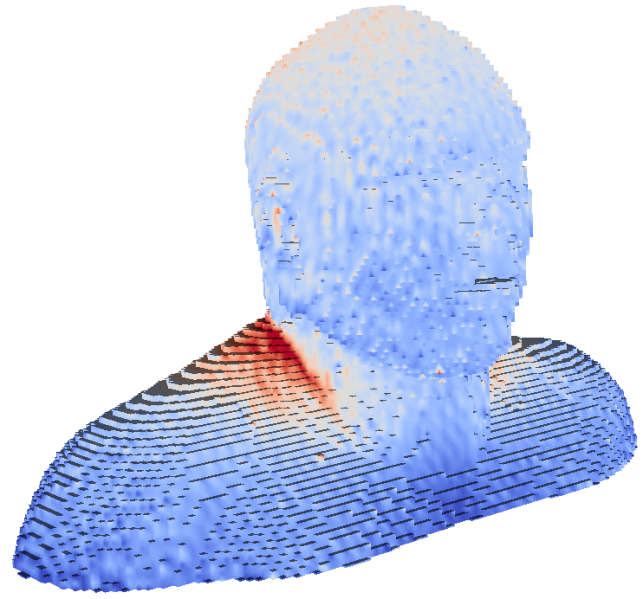 Human upper-body computational model colored by electromagnetic field intensity.